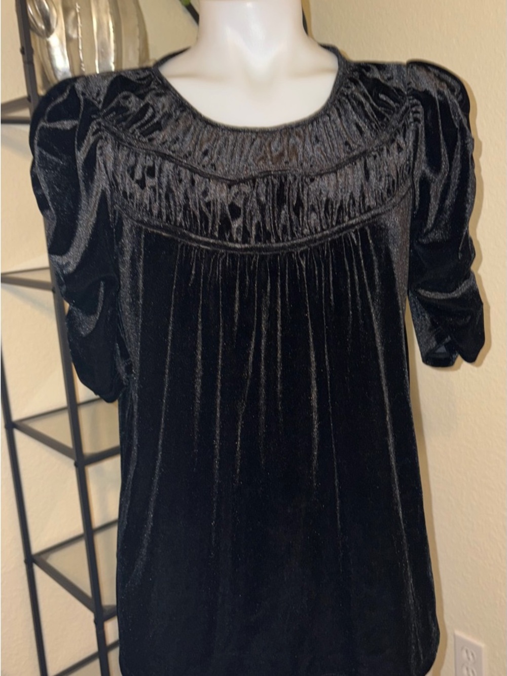 LOFT Black Velvet Smocked Yoke Tunic